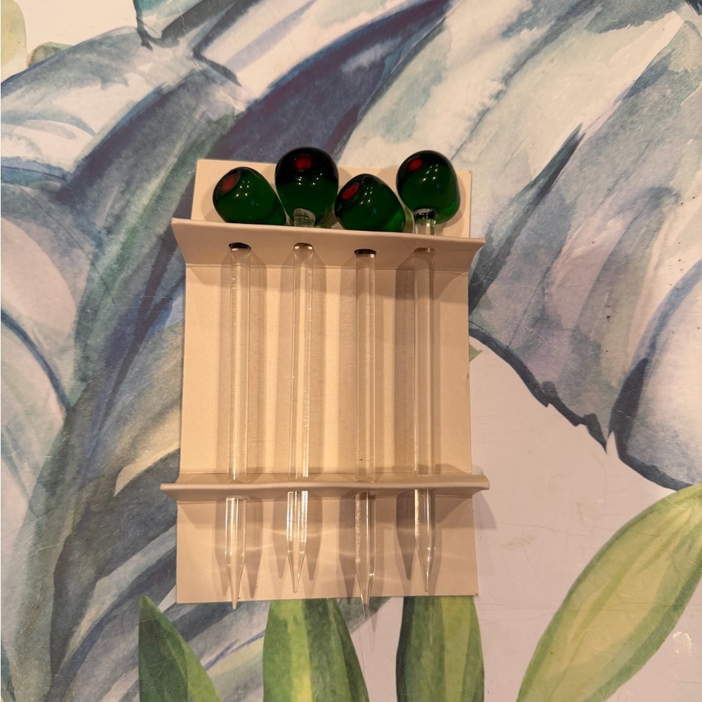Glass green olive appetizer/garnish picks NWOT